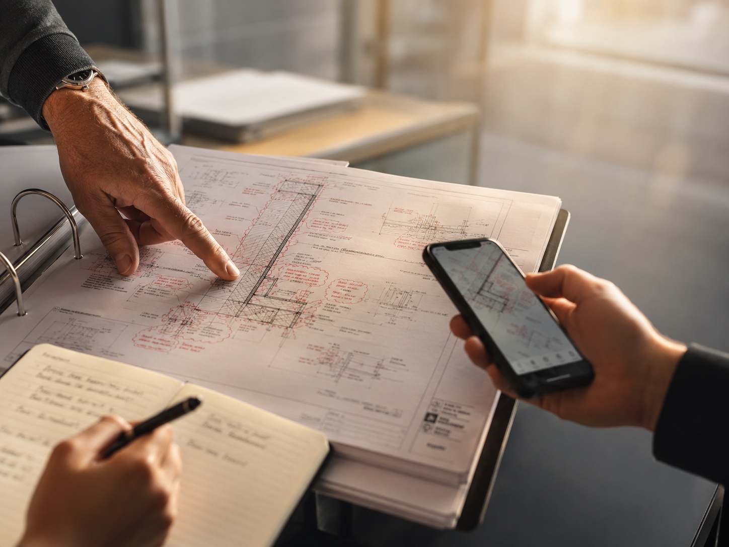 AEC and commercial real estate professionals coordinating project notes, drawings, and mobile field updates